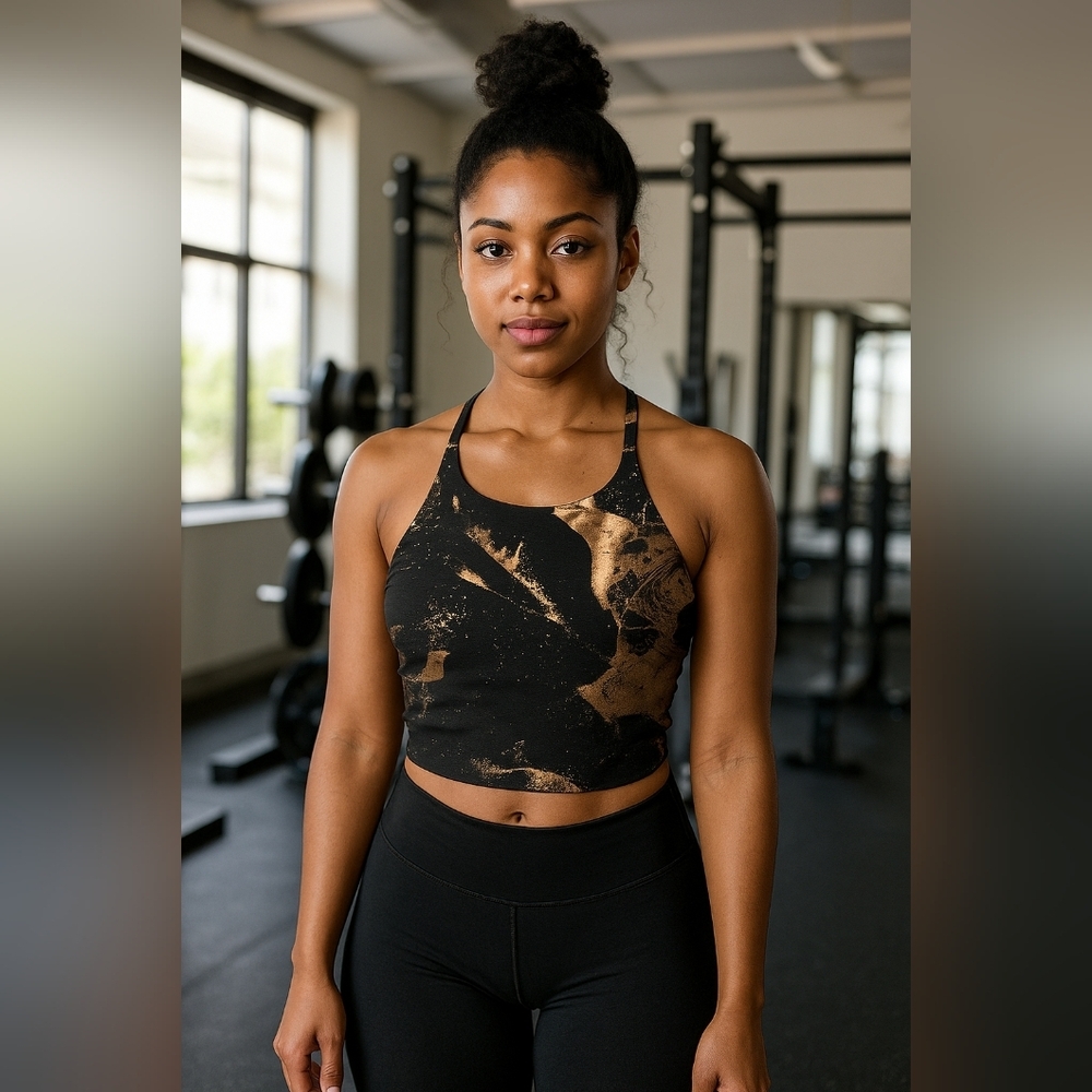 Old Navy Black & Gold Marble Active Crop Top Size M Racerback Removable Padding - Picture 1 of 6
